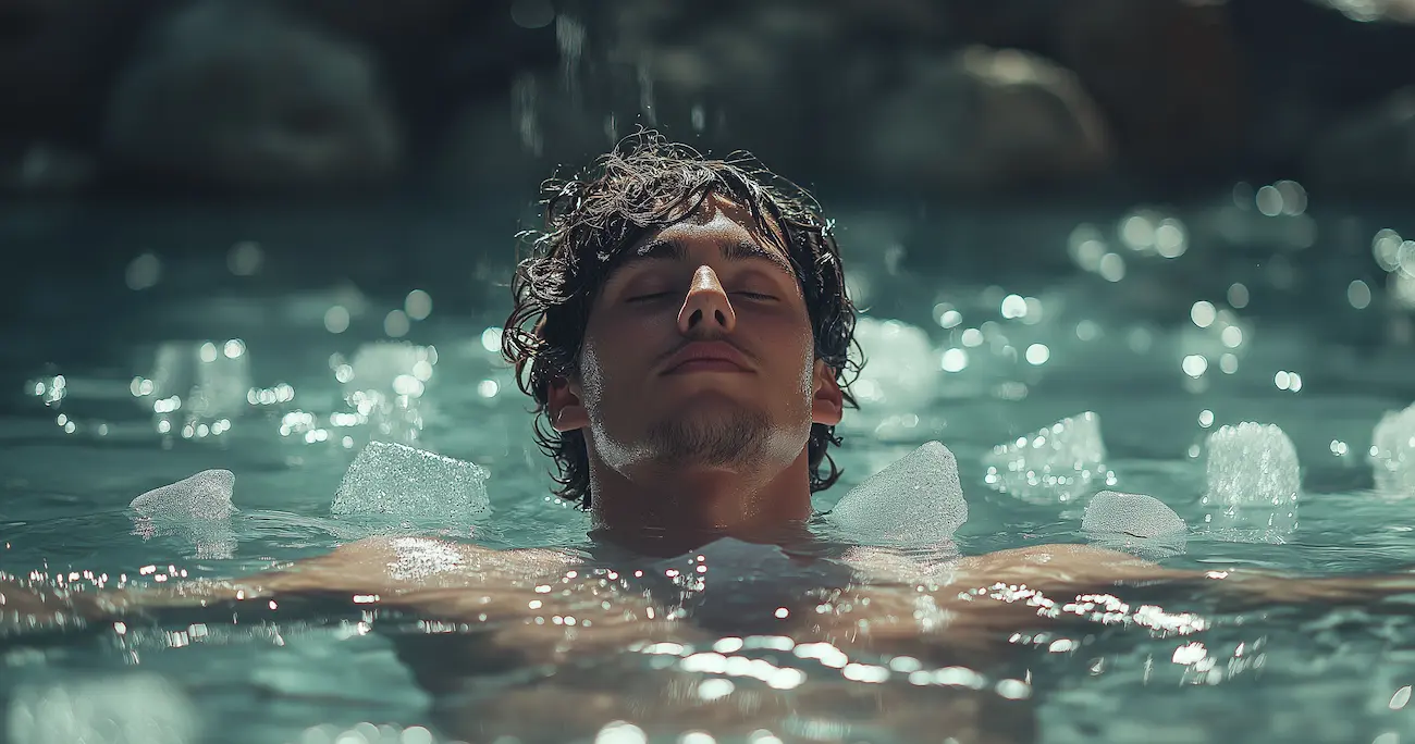 Woman recovering after cold exposure beside a backyard ice bath, practicing mindfulness for inflammation and resilience